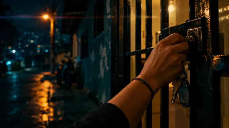 Mano que abre una reja de metal de noche, con llaves en la mano, frente a una calle mojada y con luces de la ciudad al fondo.